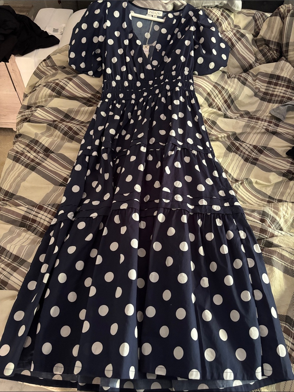 She + Sky Navy and White Polka Dot Maxi Dress
